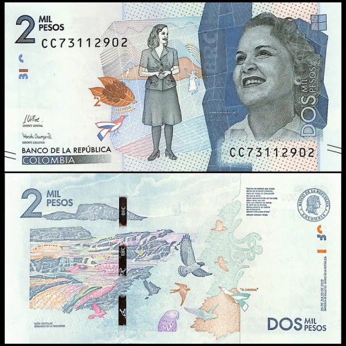 Nota da Colômbia 2000 Pesos 2022 Pick #458h UNC