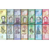 Lote de 7 Notas da Venezuela 100 - 20000 Bolivares 2016/2017 UNC