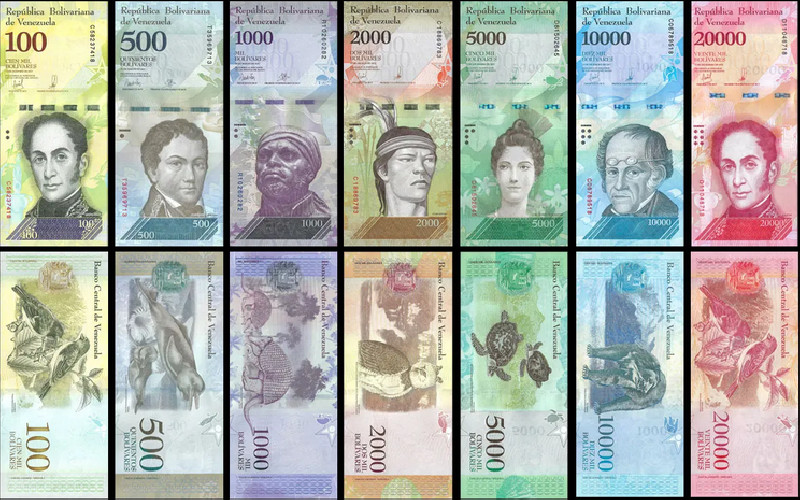 Lote de 7 Notas da Venezuela 100 - 20000 Bolivares 2016/2017 UNC