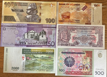 Lote Especial de 20 Notas do Mundo – Diversos Continentes – Estado UNC