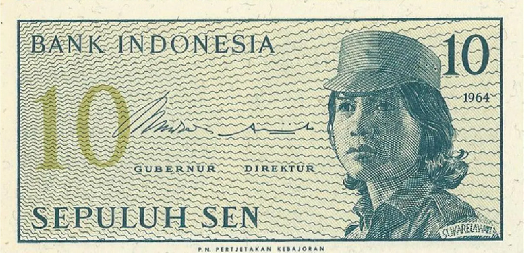 Nota de 10 Sen - Indonésia (1964) | Série "Voluntários" (Sukarelawati) Pick #92 UNC