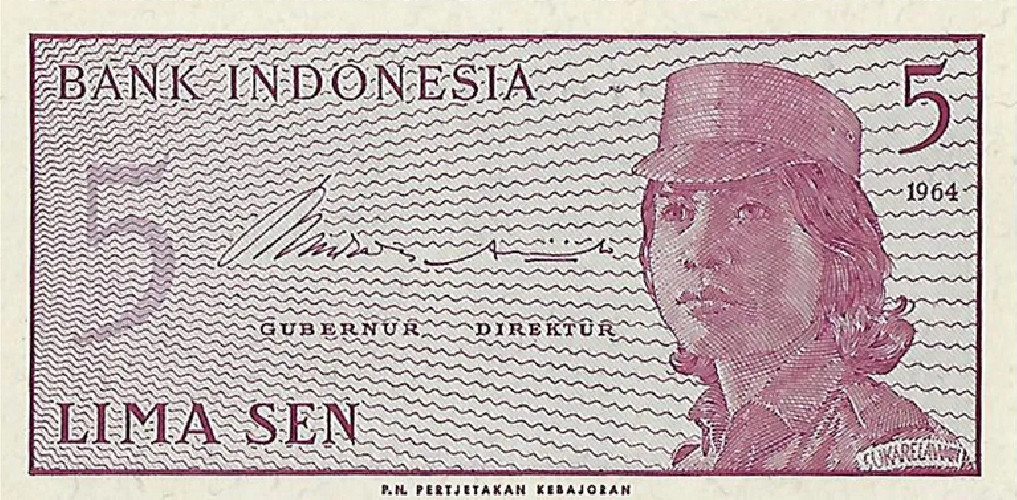 Nota de 5 Sen - Indonésia (1964) | Série "Voluntários" (Sukarelawati) Pick #91 UNC