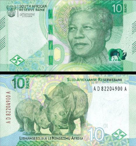 África do Sul - 10 Rand (2023) - Nelson Mandela e Rinoceronte - Pick #148a - UNC