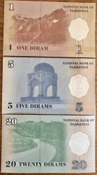 Tajiquistão - Lote de 3 Notas (1999) - 1, 5 e 20 Diram - Pick #7, #8, #9 - UNC