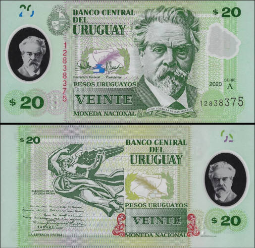 Uruguai - 20 Pesos (2020) - Juan Zorrilla de San Martín - Pick #W101 (1) - UNC (Polímero)