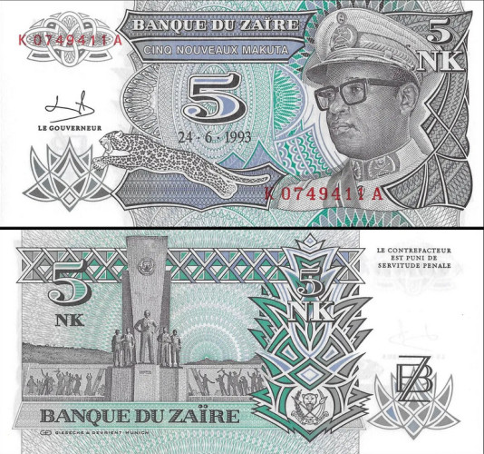 Zaire - 5 Novas Makuta (1993) - Mobutu Sese Seko - Pick #48 - UNC