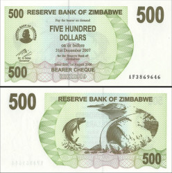 Zimbabué - 500 Dólares (2006) - Bearer Cheque - Peixe-Tigre e Barragem - Pick #43 - UNC