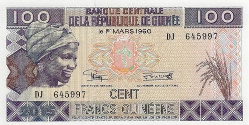 Nota da Republica da Guiné 100 Francos 2015 Pick #A47 UNC