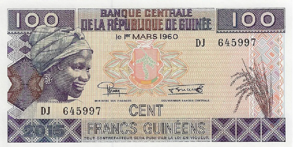 Nota da Republica da Guiné 100 Francos 2015 Pick #A47 UNC