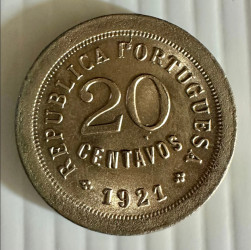 20 Centavos 1921 - Portugal (Variante "P Aberto") Alpaca KM# 569 A-UNC