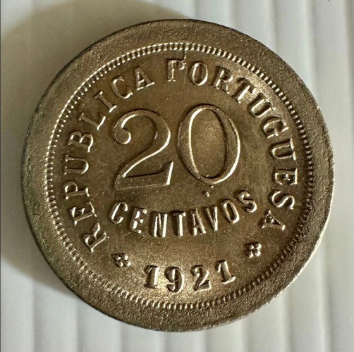 20 Centavos 1921 - Portugal (Variante "P Aberto") Cupro-Niquel KM# 569 A-UNC